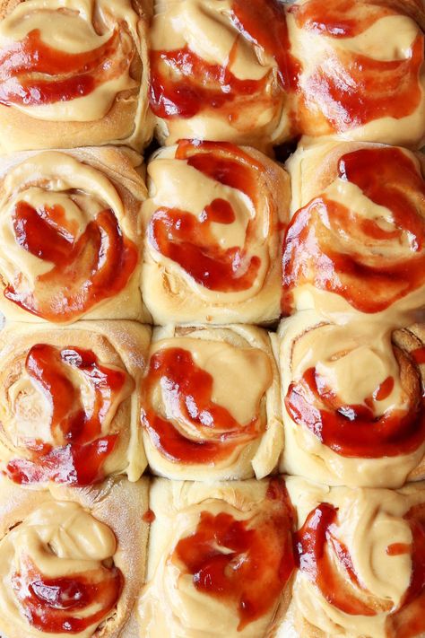 PB&J Cinnamon Rolls - The Candid Appetite Peanut Butter Icing, Sweet Roll Recipe, Sweet Dough, Strawberry Jelly, Sweet Rolls, Cinnamon Rolls Homemade, Peanut Butter And Jelly, Peanut Butter Jelly, Sweet Roll