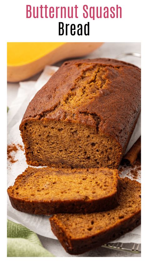 This homemade Butternut Squash Bread is deliciously moist and so simple to make! Made with butternut squash puree, warm spices, and a hint of orange, it boasts all the wonderful flavors of Autumn. This may just become your new favorite fall treat! Butternut Squash Quick Bread, Butternut Squash Banana Muffins, Butternut Squash Bread Recipe, Butternut Squash Dessert Recipes, Recipes Using Butternut Squash, Bread Recipe No Mixer, Quick Butternut Squash, Squash Bread Recipe, Butternut Squash Recipes Healthy