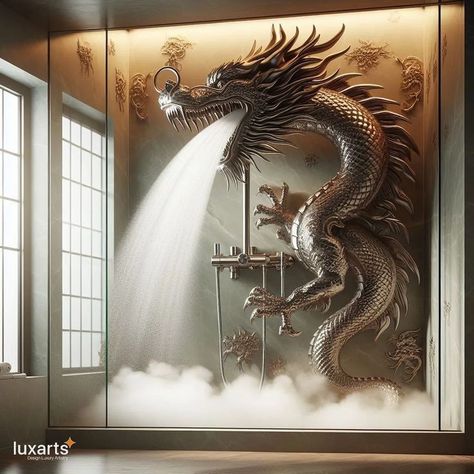 Dragon Fireplace, Cave Houses, 3d Wall Art Sculpture, Beautiful Furniture Pieces, Amazing Showers, Dragon Artwork Fantasy, Waterfall Shower, Dragon Wall, Dragon Decor