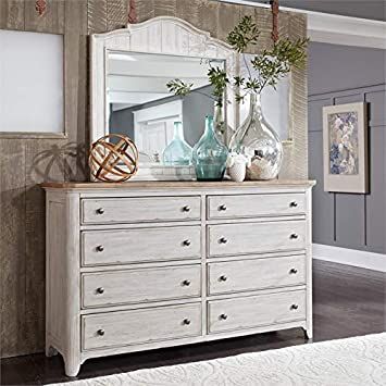 Liberty Furniture Dresser & Mirror King Poster Bed, 5 Piece Bedroom Set, Bed With Posts, Dresser And Mirror, Brass Knob, Queen Panel Beds, King Bedroom Sets, White Dresser, Bedroom Sets Queen