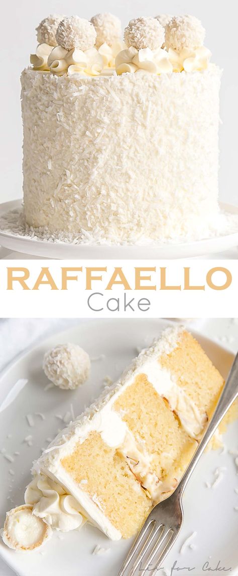 This Raffaello Cake is a coconut lover's dream! Layers of moist and tender almond cake, coconut custard, and coconut Swiss meringue buttercream. | livforcake.com Winter Cake Flavors, Raffaello Cake, French Cakes, Cake Coconut, Coconut Dream, Coconut Custard, Meringue Buttercream, Swiss Meringue Buttercream, Swiss Meringue