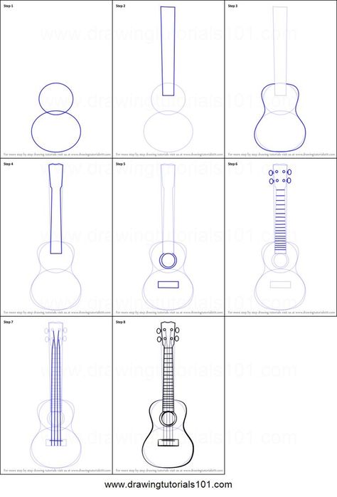 Ukulele Drawing Simple, How To Draw Musical Instruments, Ukulele Drawing Sketch, Guitar Drawing Tutorial, How To Draw Instruments, Ukulele Art Drawing, Gutair Drawing, Ukulele Reference, Ukulele Sketch