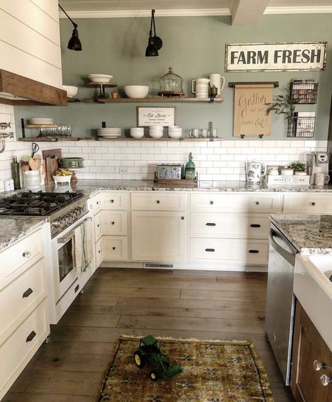 Green Farmhouse Kitchen Wall Colors, Light Green Farmhouse Living Room, Kitchen Ideas With Grey Walls, Kitchen Wall Colors White Cabinets, Color Pallet Kitchen, 90s Farmhouse Kitchen, Soft Kitchen Colors, Modern Farmhouse Kitchen Renovation, Sage Green Kitchen Farmhouse