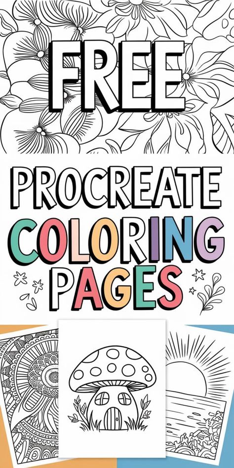 Free Procreate coloring pages featuring floral patterns, a mushroom, and a sunset scene. Colouring Pages For Procreate, Digital Coloring Pages Procreate Free, Procreate Projects For Beginners, Free Digital Coloring Pages, Procreate Coloring Pages Free, Procreate Design Ideas, Free Coloring Pages Printables Adults, Easy Procreate Drawings, Coloring Pages For Procreate