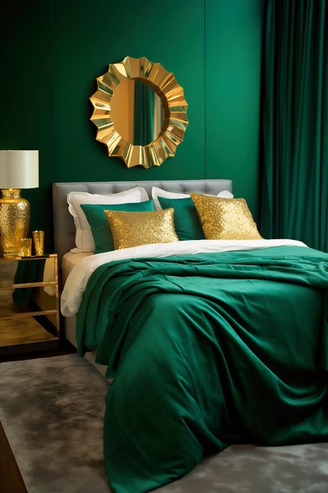 21 Emerald Green Bedrooms That Redefine Modern Luxury Deep Purple Room, Emerald Green Gold Bedroom, Moody Purple Bedroom, Green Gold Bedroom, Emerald Green Rooms, Emerald Bedroom, Girls Bedroom Bedding, Emerald Green Bedrooms, Grey And Gold Bedroom