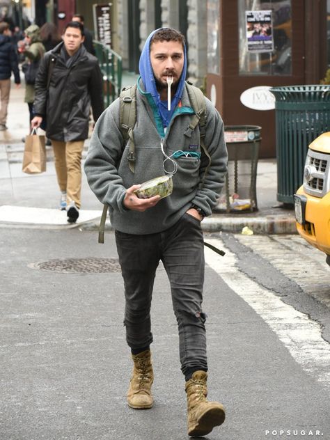 Pin for Later: The Weekend's Must-See Snaps!  Shia LaBeouf had his meal and fork handy during a stroll through NYC on Saturday. Shia Labeouf Boots, Military Boots Outfit, Shia Labeouf Style, Dad Outfits, Shia Labeouf, Street Style Outfits Men, Mens Fashion Inspiration, Street Swag, Mens Fashion Casual Outfits