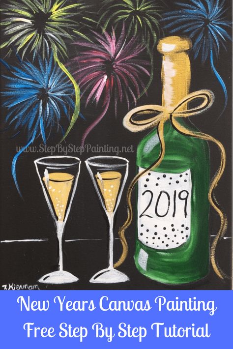 New Year Painting Ideas, New Year Painting, Canvas Tutorial, Black Canvas Paintings, Acrylic Tutorials, Paint Flowers, Christmas Paintings On Canvas, Canvas Art Projects, Canvas Painting Tutorials