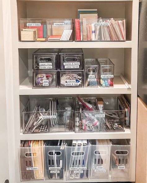 Looking for a sheet protector or a highlighter or a paperclip? No need to rummage through a junk drawer when you've got these clear - and very clearly labeled! - bins on your office closet shelves. 😊

#organizing #organizingtips #professionalorganizing #organizinginspiration #organizinggoals #getorganized #organized #womenownedbusiness #nashville #nashvilleorganizing #movingconcierge #unpacking #tidyhomenashville #moveconcierge #unpackingnashville #movingtonashville Junk Closet Organization Ideas, Corporate Office Organization, Office Organization Ideas For The Home, Important Paper Organization, Realistic Organization, Office Closet Shelves, Office Closet Organization, Junk Drawer Organization, Shelves Organization