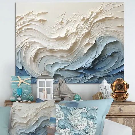 Designart "White And Blue Wave Papercut Style " Coastal Waves Wall Art - On Sale - Bed Bath & Beyond - 39936730 3d Wave Art, Waves Textured Art, Texture Art Waves, Texture Waves Painting, Plaster Wall Art Waves, Sculptural Painting, Waves Wall Art, Wave Art, Textured Canvas Art