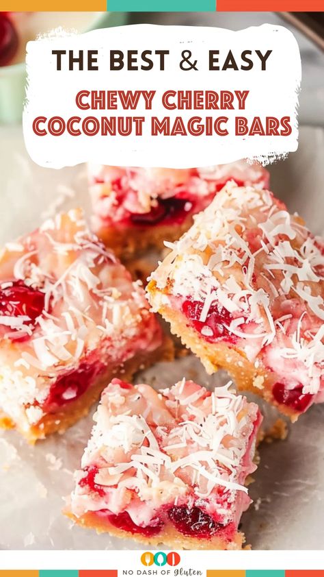 Coconut Chewies Bars, Coconut Cherry Bar, Cherry Dream Squares Recipe, Cherry Chews Recipe, Cherry Coconut Magic Bars, Chewy Coconut Bars, Cherry Dream Squares, Cherry Dream Bars, Coconut Chewies