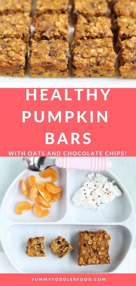 Healthy Snack Bars For Kids, Pumpkin Recipes Toddler, Toddler Bars Recipe, Homemade Bars For Kids, Toddler Snack Bars, Fall Toddler Snacks, Toddler Pumpkin Recipes, Oatmeal Bars For Baby, Pumpkin Toddler Recipes