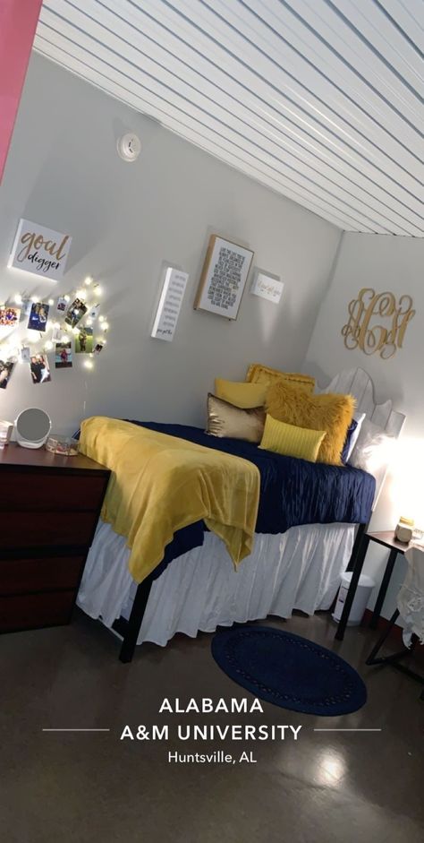 Blue And Yellow Dorm Room Ideas, Grey And Yellow Dorm Room Ideas, Hbcu Dorm Room, Dorm Room Hbcu, Blue And Yellow Dorm Room, Teal Dorm Room Ideas, Blue And Gold Dorm Room, Hbcu Dorm Ideas, Dorm Room Ideas Yellow