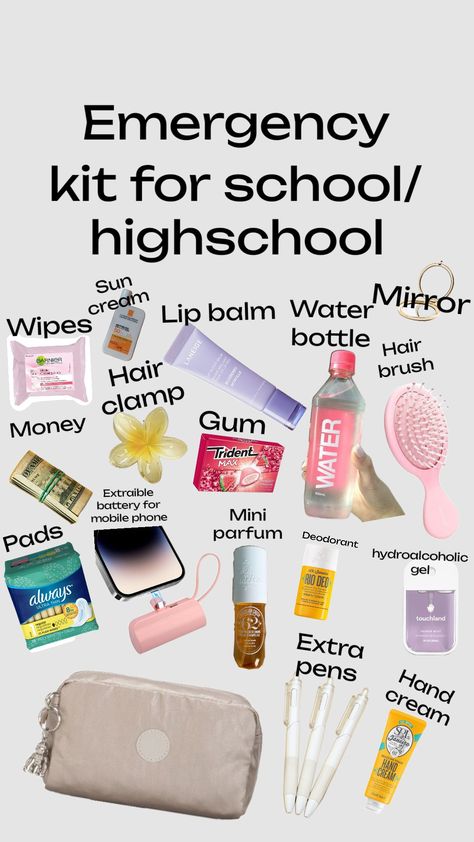 Emergency kit for school/high-school #emergencykit #preppy #girlsgirl #selfcareaesthetic #skincare High School Emergency Kit, Emergency School Kit, Teen Emergency Kit For School, Emergency Kit For School 6th Grade, Kit For School, Summer Bag Essentials, School Emergency Kit, School Backpack Essentials, School Routine For Teens