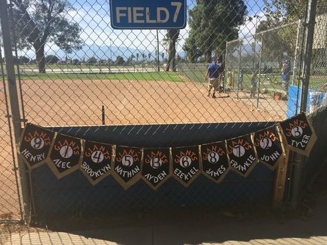 My sons T-Ball team banner Tball Practice, Tball Snacks, Dugout Ideas, Team Name T-shirt For Baseball Game Day, Tball Banner Ideas, Tball Dugout Lineup, Baseball Banner Ideas Little League, Softball Dugout, Tball Mom