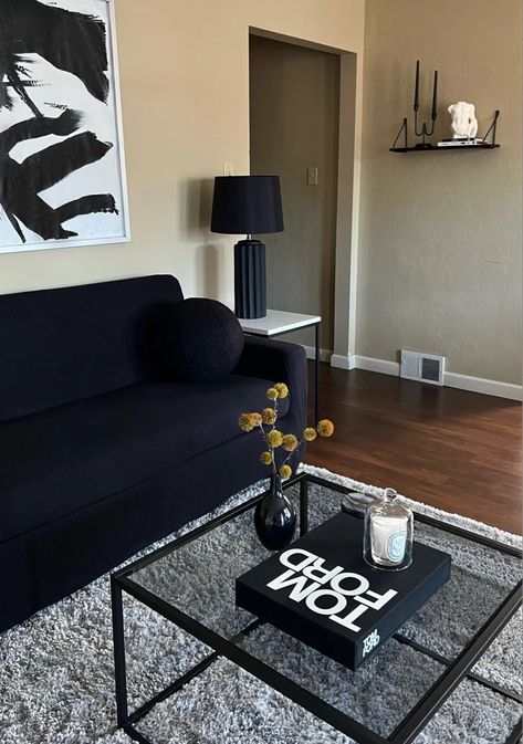 Velvet Black Couch, Black Couch With Rug, Black Couch Apartment, Black Couches Living Room, Black Couch Aesthetic, Black Couch Ideas, Black Couches Living Room Ideas, Pool Boyfriend, Black Couch Living Room Decor