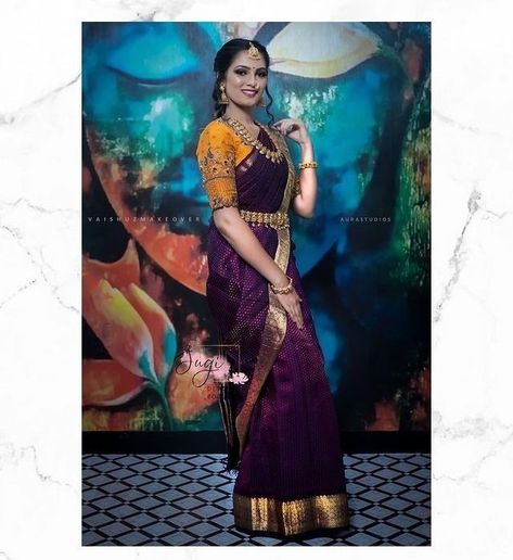 Purple Sarees With Contrast Blouse, Brinjal Colour Saree Contrast Blouse, Violet Colour Saree Contrast Blouse, Purple Color Saree With Contrast Blouse, Contrast Blouse For Purple Silk Saree, Voilet Saree Combination Blouse, Purple Colour Saree Contrast Blouse, Wine Colour Saree With Contrast Blouse, Purple Saree Contrast Blouse