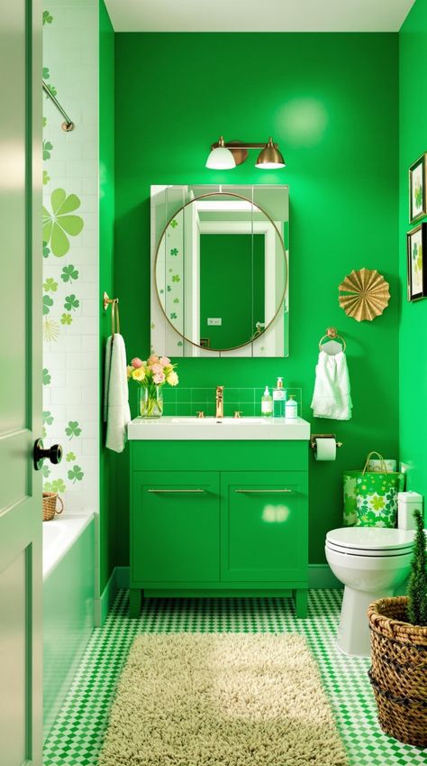 Green Bathroom Decor Green Bathroom Decor Ideas, Bright Green Bathroom, Green Bathrooms Inspiration, Lime Green Bathrooms, Monochrome Bathroom, Green Monochrome, Green Bathroom Decor, Dark Woods, Bathroom Counters