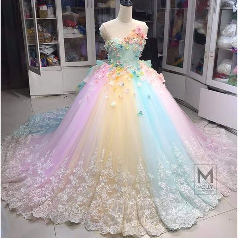 Rainbow Wedding Dress, Rainbow Costumes, Lace Tulle Dress, Lace Up Back Dress, Flowered Dress, Beautiful Floral Dresses, Fairy Dresses, Rainbow Wedding, Estilo Country