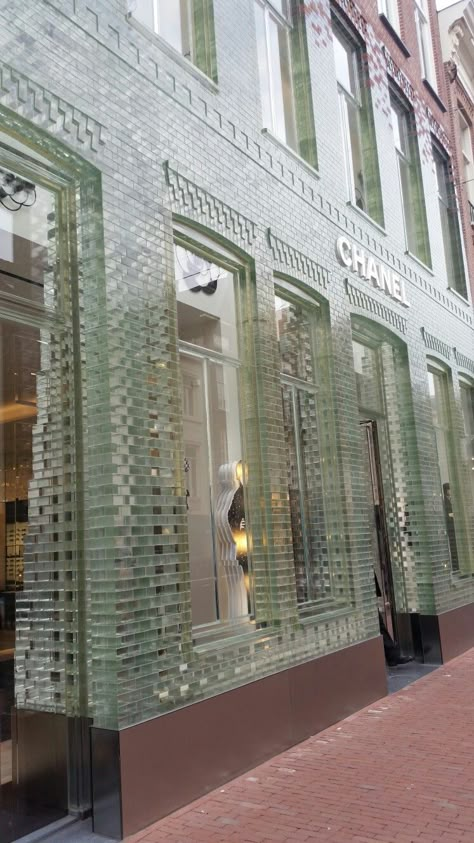 Glass Brick Wall, Glass Blocks Wall, Chanel Store, Glass Brick, Glass Facades, Interior Modern, Building Facade, Architecture Exterior, Glass Blocks