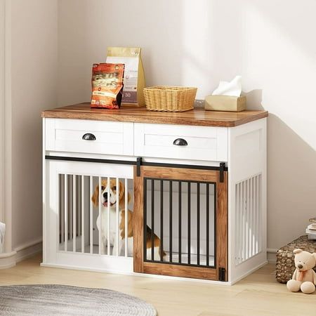 This modern style dog house is a great way to give your pet a comfortable and independent place to spend time with you in the corner of your home. Modern wood dog crate serves as a secure space for your pet as well as a practical piece of furniture that easily blends with your interior design. It is designed for medium and large sized dogs. The large dog cage furniture is made of sturdy MDF panels and metal iron pipes. It can hold up to 220 pounds. The dog crate with sliding door is convenient f Wooden Dog Cage, Wood Dog Kennel, Dog Crate End Table, Dog Crate Table, Furniture Style Dog Crate, Crate End Tables, Rustic Farmhouse Furniture, Indoor Dog House, Wooden Dog Kennels