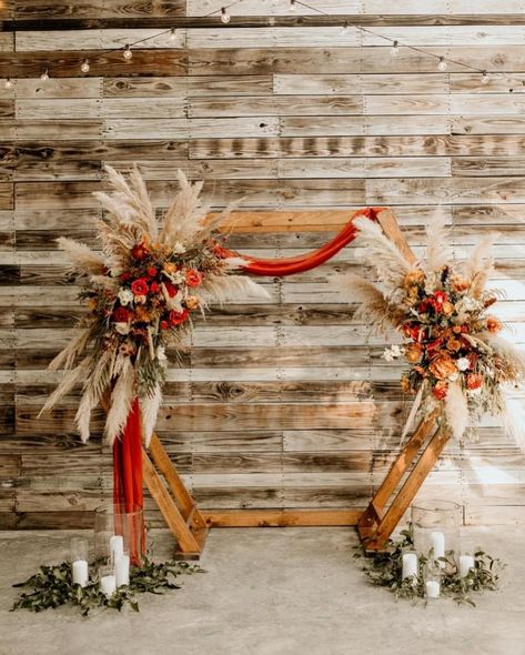 Florist: Thistle & Vine (Ider, AL) Venue: The Venue at Lily Lou’s (Trenton, GA) . #pampas #boho #arbor #bohoarbor #pampasarbor #hexagonarbor #hexagon #wild #wedding #weddingarbor #weddinginspiration #weddingflowers #weddingflorist #natural