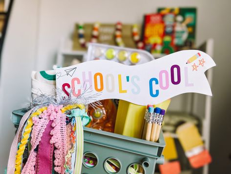 Back to School Basket & Printable School Pennant Flags Homeschool Back To School Basket, Back To School Basket, Free School Printables, Basket Printable, School Pennant, School Finds, School Countdown, Printable School, Back To School Special