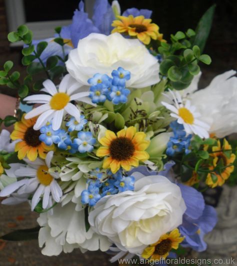 Bridal Bouquet with mini Sunflowers, Daisies, Roses, Peonies, Iris and Forget-Me-Nots Sunflower Forget Me Not Bouquet, Flower Bouquet Forget Me Not, Bridal Bouquet With Forget Me Nots, Peonies And Forget Me Nots, Forget Me Knot Bouquet, Bouquet Forget Me Not, Sunflowers And Forget Me Nots, Forget Me Not Flowers Bouquet Bridal, Daisy And Forget Me Not Bouquet