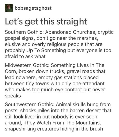 Southern, Midwestern, and Southwestern Gothic. Types Of Horror, Midwestern Halloween, Types Of Dark Aesthetics, Midwest Gothic Aesthetic Outfits, Gothic Writing Aesthetic, Midwestern Gothic Fashion, Field Research Aesthetic, Southern Horror, Northeastern Gothic Aesthetic