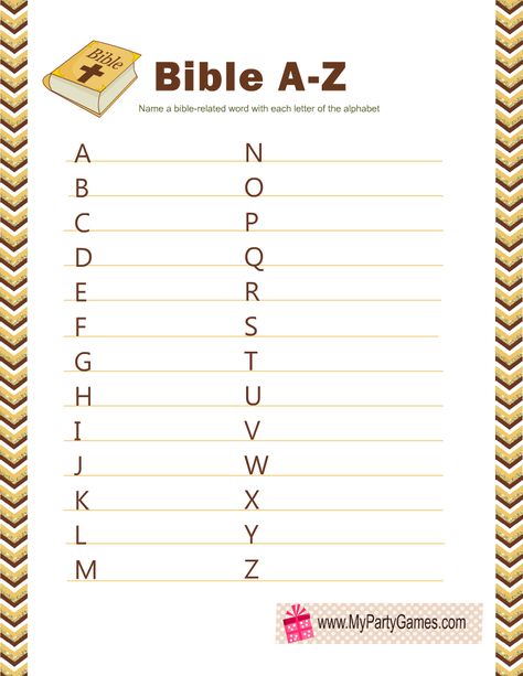 How many Bible-related words can you make? Bible A-Z Game Alphabet Game, Minute To Win, Minute To Win It Games, Free Printable Games, Alphabet Games, Minute To Win It, It Game, Printable Game, Printable Games