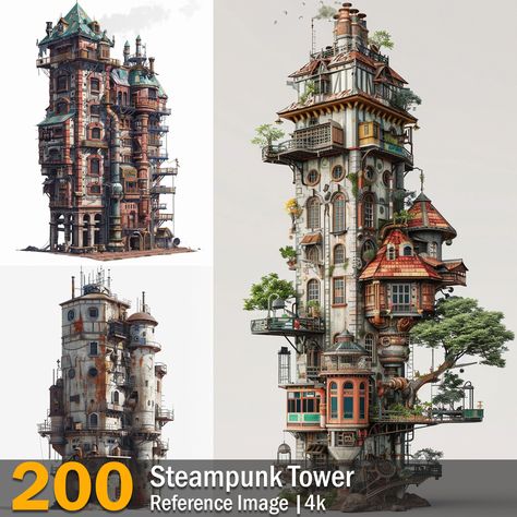 Steampunk Tower | Reference Images | 4K,  on ArtStation at https://www.artstation.com/artwork/w0goLw Steampunk Tower, Temple Game, Steampunk Building, Minecraft Steampunk, Steampunk Clock, Steampunk House, Building Concept, Minecraft Building, Clock Tower