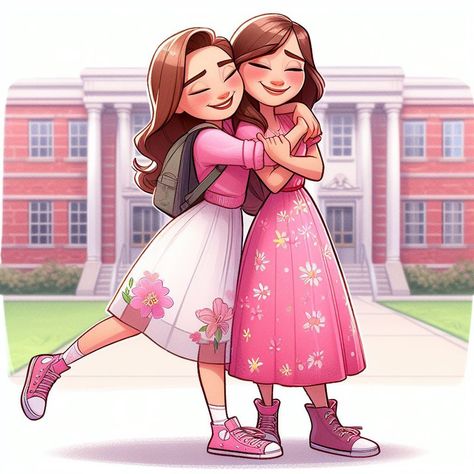 2 Sisters Cartoon Images, Two Sisters Illustration Art, Cartoon Sisters Drawings, Sister Love Drawing, Sisters Cartoon Images, Two Friends Cartoon, 2 Sisters Drawing Easy, 2 Friends Pose Reference, Sisters Hugging