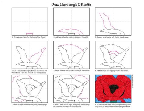 How to Draw like Georgia O’Keeffe and a Georgia Coloring Page Georgia O'keeffe Art, Georgia Okeefe Coloring Pages, Georgia Okeefe Art For Kids, Georgia Okeefe Artist Research Page, Georgia Okeefe Paintings, Okeefe Flowers, Evergreen Art, Van Gogh Coloring, Georgia O'keefe Art