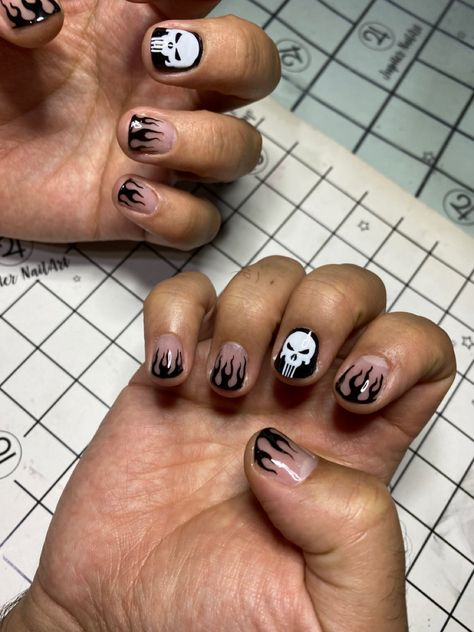 Punisher men nails Men’s Halloween Nail, Guys Nails Designs, Men Acrylic Nails, Men Halloween Nails, Halloween Nails For Men, Mens Acrylic Nails, Halloween Nails Men, Short Nail Designs Men, Men Painted Nails