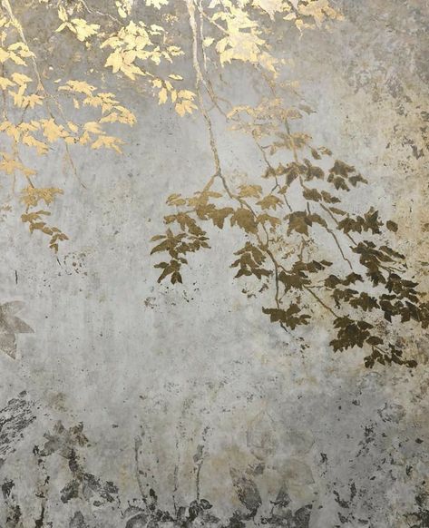 Leaf Feature Wall, Japandi Mural Wall, Gold Leaf Accent Wall, Wall Leaves Decor, Gold Leaf On Walls, Gold Leaf Wall Art, Gold Leaf Mural, Gold Painting Ideas, Gold Wall Paint