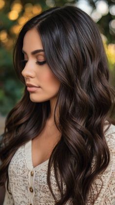 Balayage Long Hair Black, Dark Brunette Hair With Subtle Dimension, Dark Brown Hair Fall Color, Dark Brown Ombre Long Hair, Dark Hair Fall Ideas, Rich Brunette Shades Eq Formula, Dark Brown Partial Balayage, Dark Brunette Fall Hair, Fall Dark Brunette Hair Color