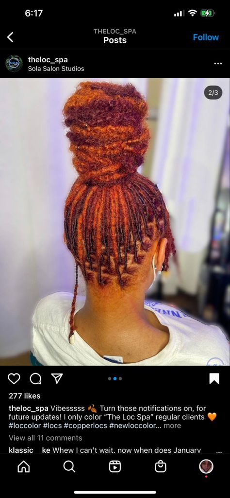 Dreadlock Hairstyles Long Hair, Fun Loc Colors, Red And Orange Locs Black Women, Loc Colored Tips, Lock Color Hair, Ginger Locs With Blonde Skunk Stripe, Burgundy And Burnt Orange Locs, Dreads With Color Black Women, 2 Tone Loc Color