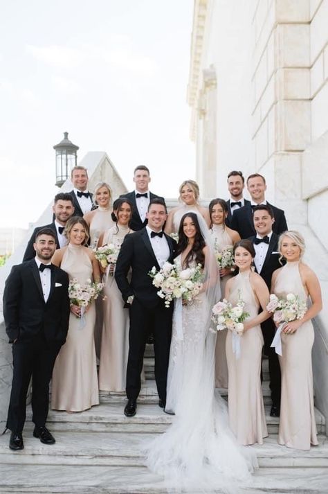 Champagne Bridemsaid Dresses, Neutral Wedding Venue Decor, Formal Wedding Groomsmen, 10 Bridesmaids And Groomsmen, Classic Elegant Bridesmaid Dresses, Sand Color Bridal Party, Wedding Day Pictures Bridal Party, Riley Thomas Wedding, Champagne Bridesmaid Dresses With Black Suits