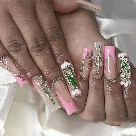 San Judas Nails, Mexican Nails, Pink Acrylic Nails, Luxury Nails, Pretty Acrylic Nails, Best Acrylic Nails, Fake Nails, Pink Nails, Nail Inspo