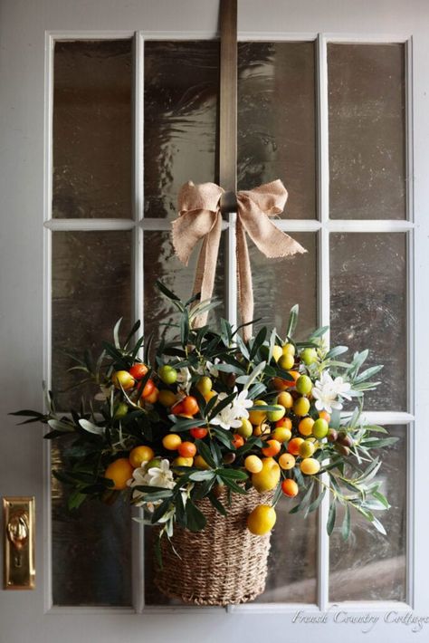 Favorite Things Friday- 5 Front Door Basket Ideas - French Country Cottage Hanging Basket Decor, Natal Natural, Front Door Baskets, Basket Wreath, Traditional Wreath, Christmas Front Doors, Floral Baskets, Front Porch Decorating, French Country Cottage