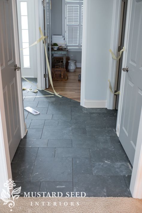 Blue Slate Bathroom Floor, Blue Stone Tile Floors, Dark Tile Floor, Blue Slate Tile, Entryway Tiles, Tile Foyer, Charcoal Grout, Slate Bathroom Tile, Tile Entry