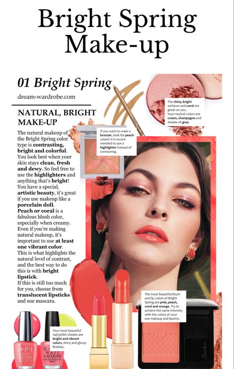 Bright Spring Makeup Palette, Bright Spring Makeup Looks, Bright Spring Lipstick, Bright Spring Makeup, Bright Spring Color Palette, Seasonal Analysis, Clear Spring Palette, Warm Spring Color Palette, Coral Makeup