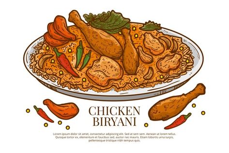 Kacchi Biryani, Recipe Book Design, Book Illustration Layout, Biryani Rice, Chicken Drawing, Chicken Illustration, Chicken Rice Bowls, Food Doodles, Chicken Biryani