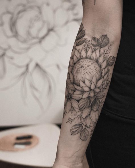 Protea Flower Tattoo Design, King Protea Tattoo, Protea Flower Tattoo, Protea Tattoo, King Protea Flower, Flower Shoulder Tattoo, Australian Tattoo, Cage Decor, Girls Tattoos