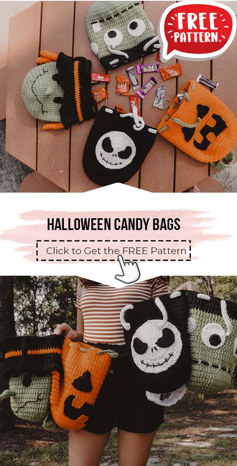 crochet Halloween Candy Bags free pattern - FREE Crochet Bags Pattern for Beginners. Click to Get the Pattern #Bags #crochetpattern #crochet via @shareapattern.com Small Velvet Crochet Projects, Trick Or Treat Crochet Bags, Crocheted Halloween Bags, Crochet Projects For Halloween, Crochet Fall Bag Pattern Free, Halloween Free Pattern Crochet, Quick Chunky Crochet Projects, Crochet Halloween Purse Free Pattern, Crochet Fall Market Prep