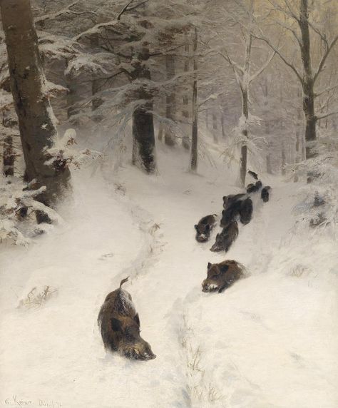 Herd of Wild Boar in a Winter Woodland, 1872, Johann Christian Kröner. La-clef-des-cœurs Forest Vintage, Boar Hunting, Oil Painting Gallery, Hog Hunting, Master Art, Hunting Art, Painting Snow, Deer Art, Winter Woodland