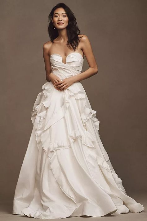 New Wedding Dresses, Bridal Shoes & Accessories | Anthropologie Joe And Sophie, Ruffle Wedding Gown, Anthropologie Wedding Dress, Wedding Gown Ballgown, Strapless Organza, Bhldn Wedding Dress, Versace Gown, Ruffled Gown, Draped Bodice