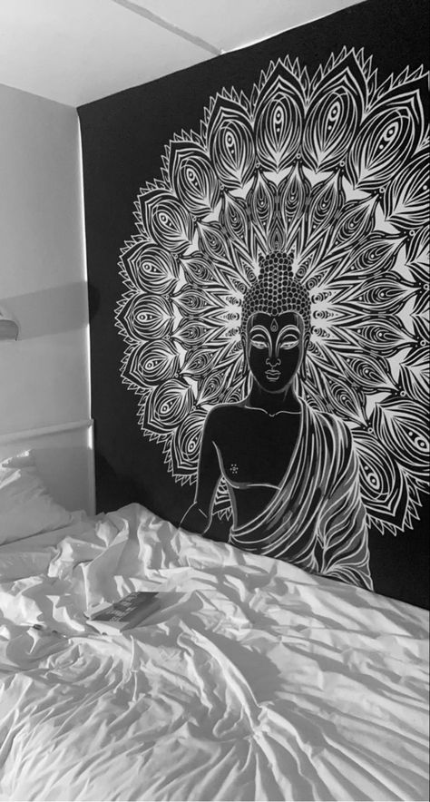 Zen Murals Wall Paintings, Black Wall Drawing Ideas, Zen Wall Art Decor, Buddha Mandala Art Wall Painting, Stincel Pattern Design, Mandala Wall Art Bedrooms, Buddha Murals Wall Art, Buddha Bedroom Ideas, Mandala Art Wall Painting