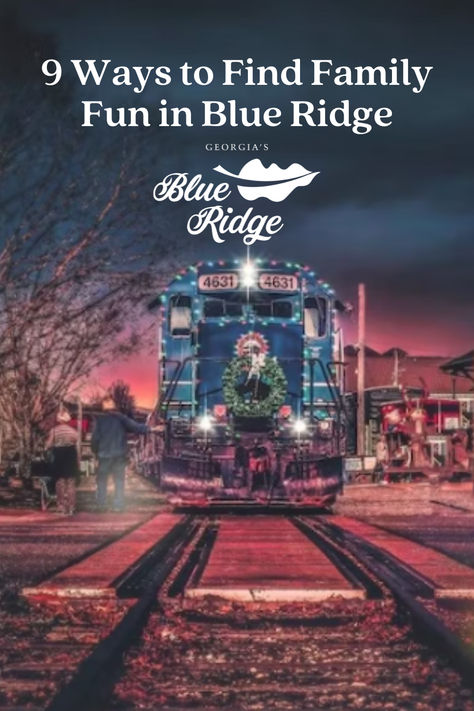 Picture of the Blue Ridge Scenic Railway all lit up with Christmas lights with a wreath on front at dusk with pink and dark blue skies. Things To Do In Blue Ridge Georgia In The Winter, Georgia Christmas, Cabin Winter, Fun Trips, Blue Ridge Georgia, Blue Ridge Ga, Gathering With Friends, Holiday Blues, Christmas Town