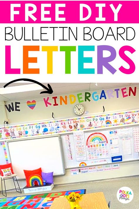 Are you ready to spruce up your classroom bulletin boards with custom letters? Head over to the Polka Dots Please website to grab the FREE Letter templates you can use to make your own bulletin board, hallway display or classroom display letters. Find out how you can quickly and easily create customized bulletin boards with this free alphabet template. The perfect classroom decor resource that you will use again and again. Back To School Wall Decor, Canva Kindergarten Ideas, 2nd Grade Hallway Bulletin Board, Kindergarten Back To School Bulletin Boards, Pre K Themes Classroom, Alphabet Classroom Decoration, Tk Bulletin Board Ideas, Letter Of The Week Bulletin Board, Kindergarten Bulletin Boards Welcome