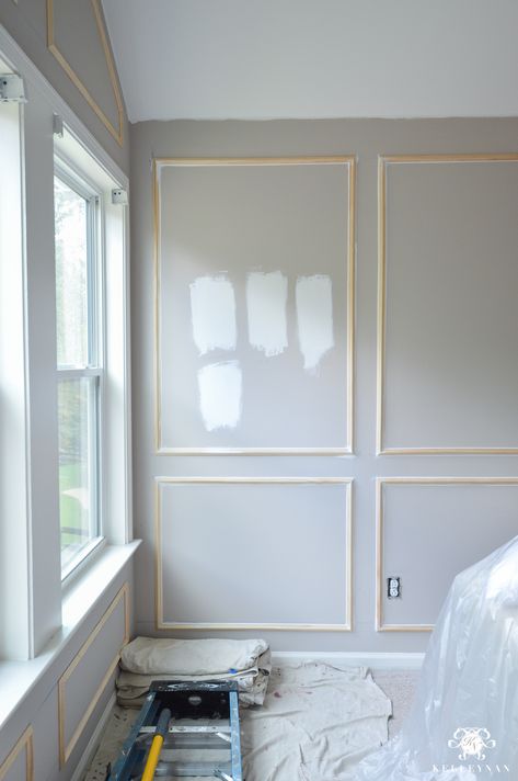 One Room Challenge- Week 2: Paneled Bedroom Walls and the Painting Begins! | Kelley Nan Paneled Bedroom, Wall Molding Living Room, Living Room Panelling, Wall Paneling Diy, Wall Panels Bedroom, Bed Design Modern, Accent Wall Bedroom, Bedroom Walls, Bedroom Panel